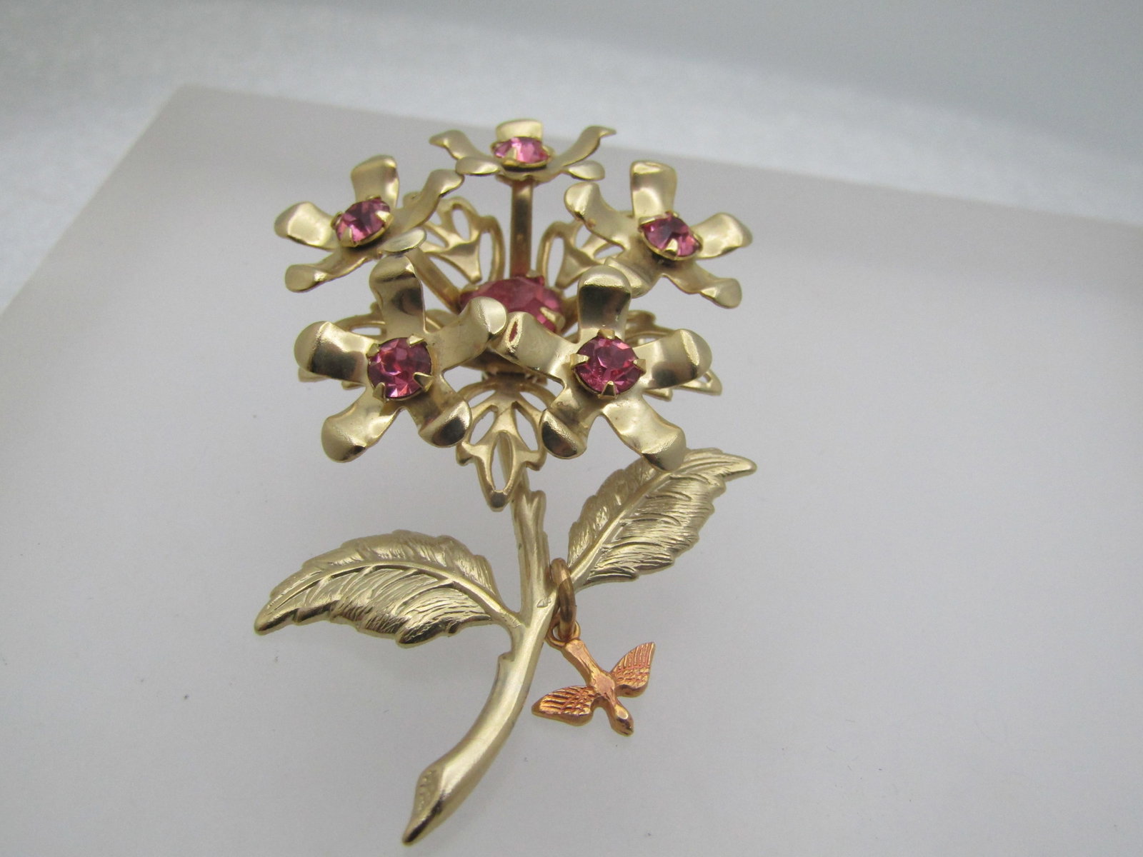 Vintage Pink Rhinestone Floral Stem Brooch with Dove Charm, 1960's 2-1/3" - 5
