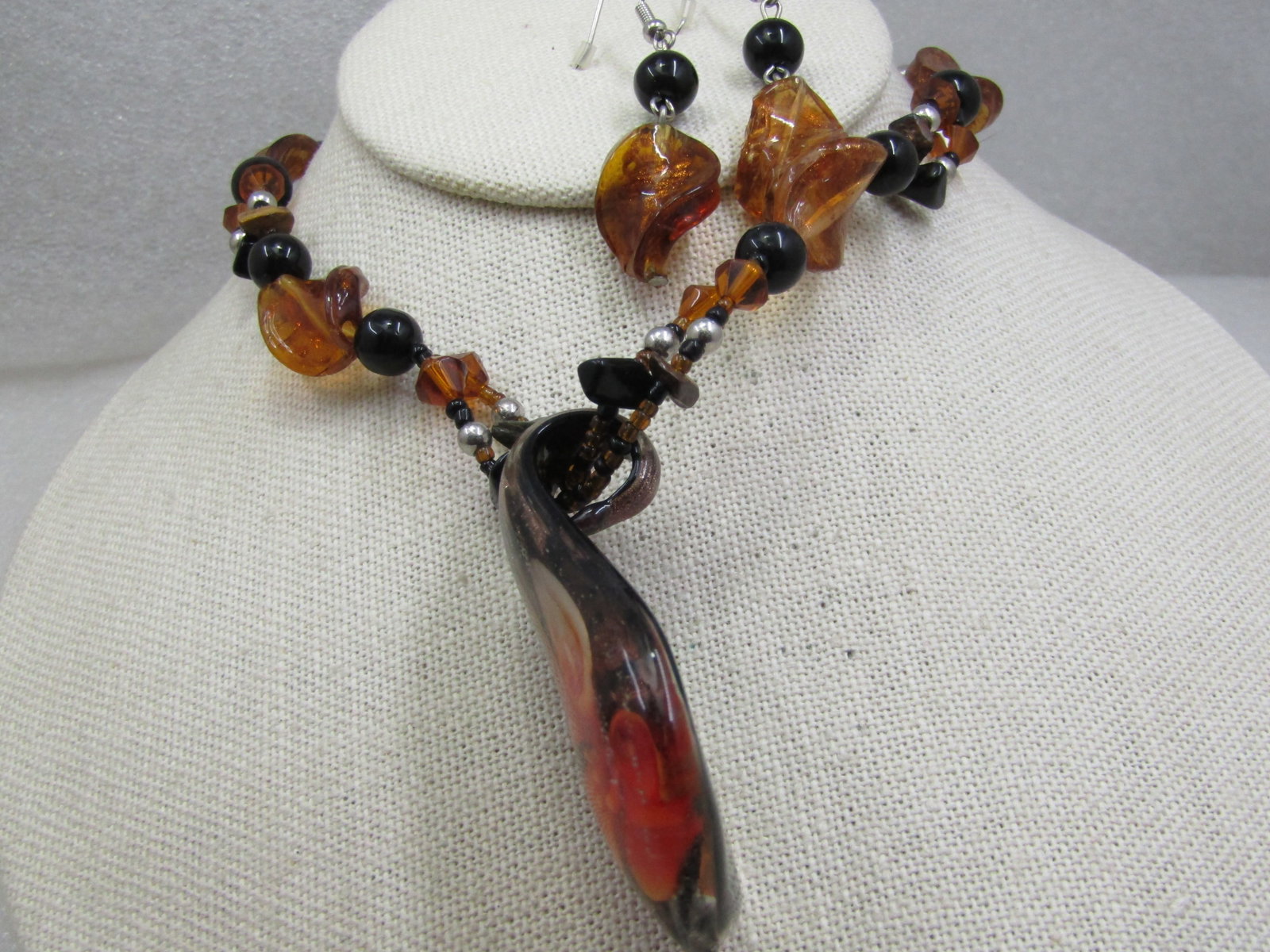 Black & Amber Blown Glass Necklace & Pierced Earrings Set, Floral Pendant, 21" - 4
