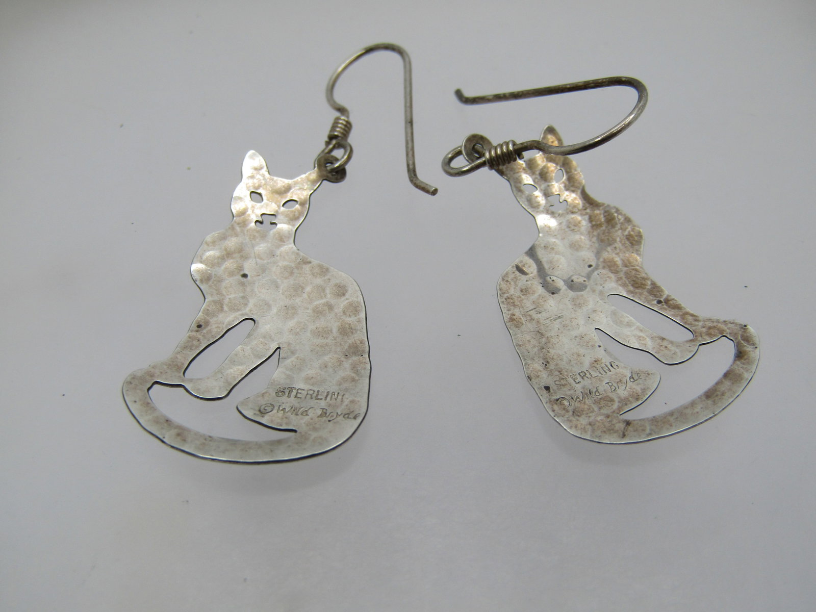 Vintage Sterling Hammered Cat Drop Earrings, Signed Wild Bryde, 1.75" - 5