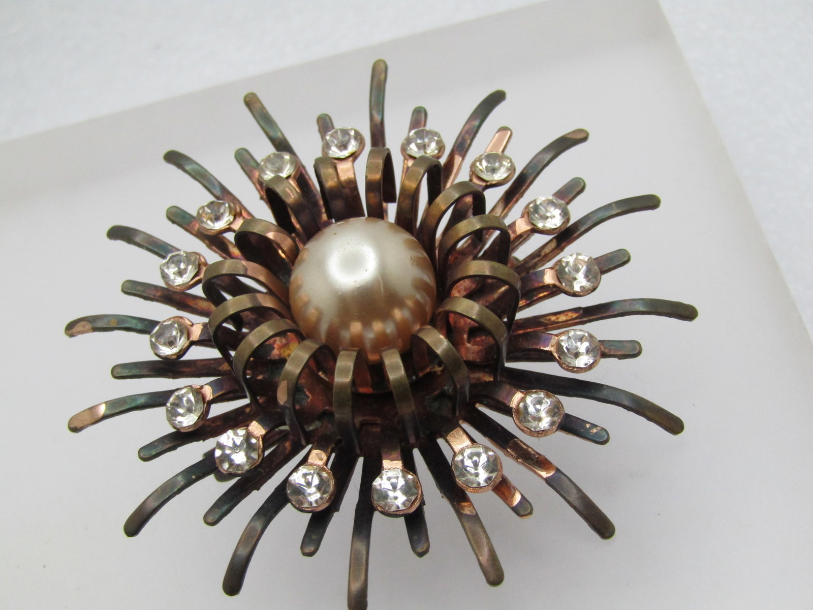 Vintage Coppery Rose Faux Pearl Rhinestone Brooch, Ray-like , 1940's - 2