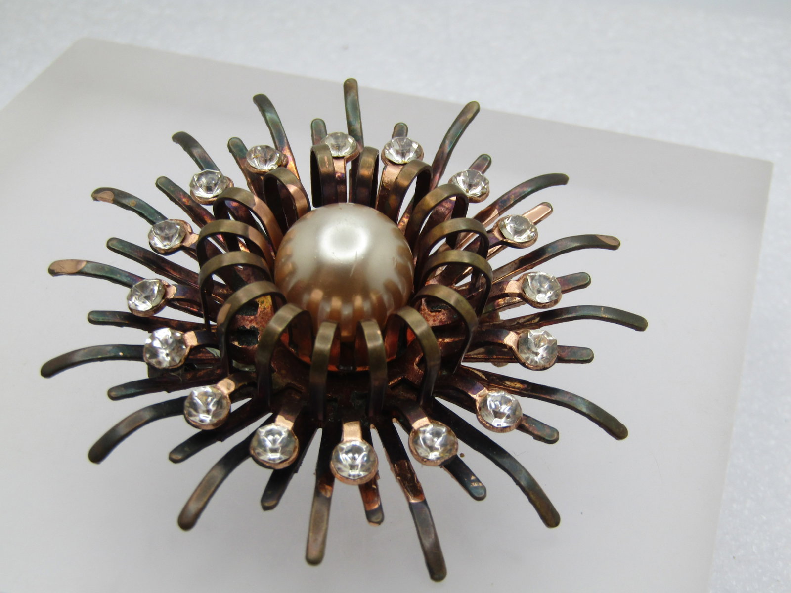 Vintage Coppery Rose Faux Pearl Rhinestone Brooch, Ray-like , 1940's - 3