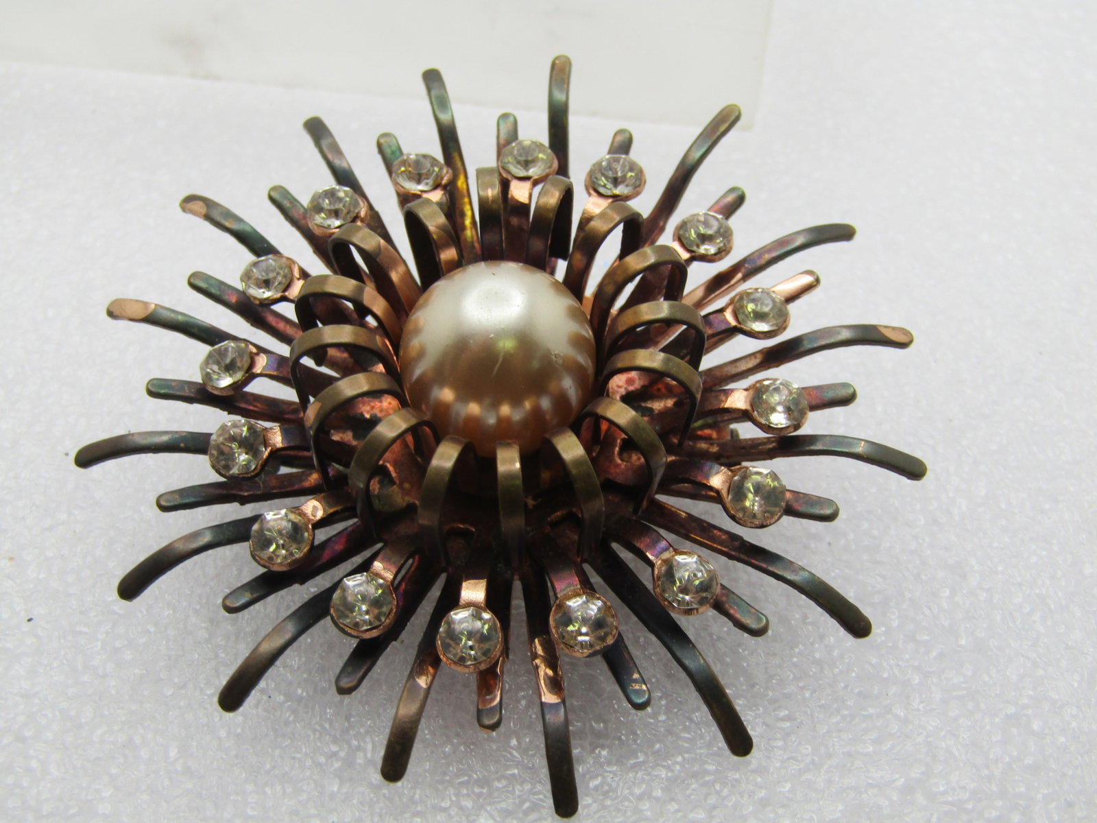 Vintage Coppery Rose Faux Pearl Rhinestone Brooch, Ray-like , 1940's - 5