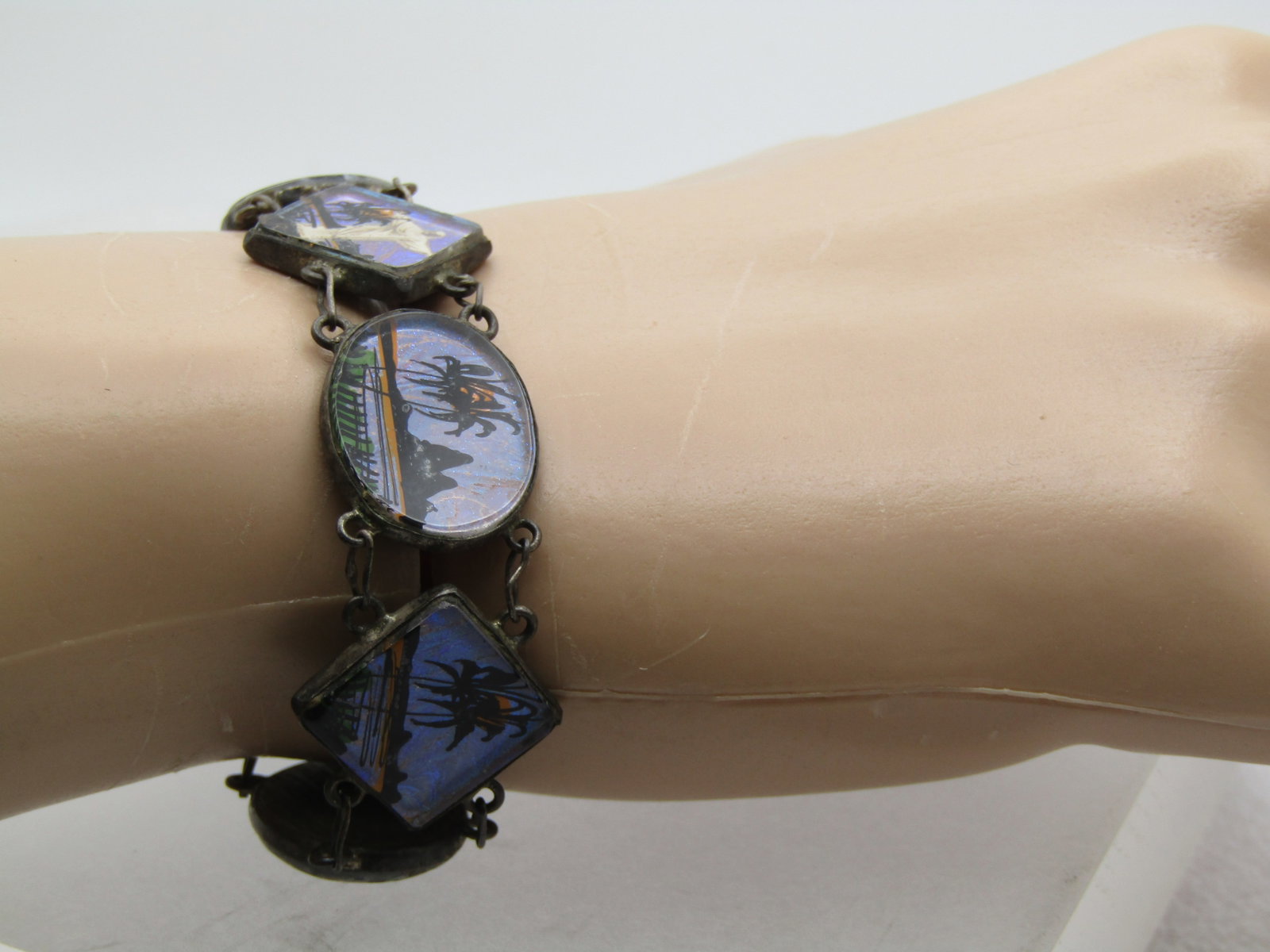 Vintage .900 Silver Morpho & Jesus Sunset Bracelet, Christ the Redemer, Rio de Janeiro, 7.25, - 8