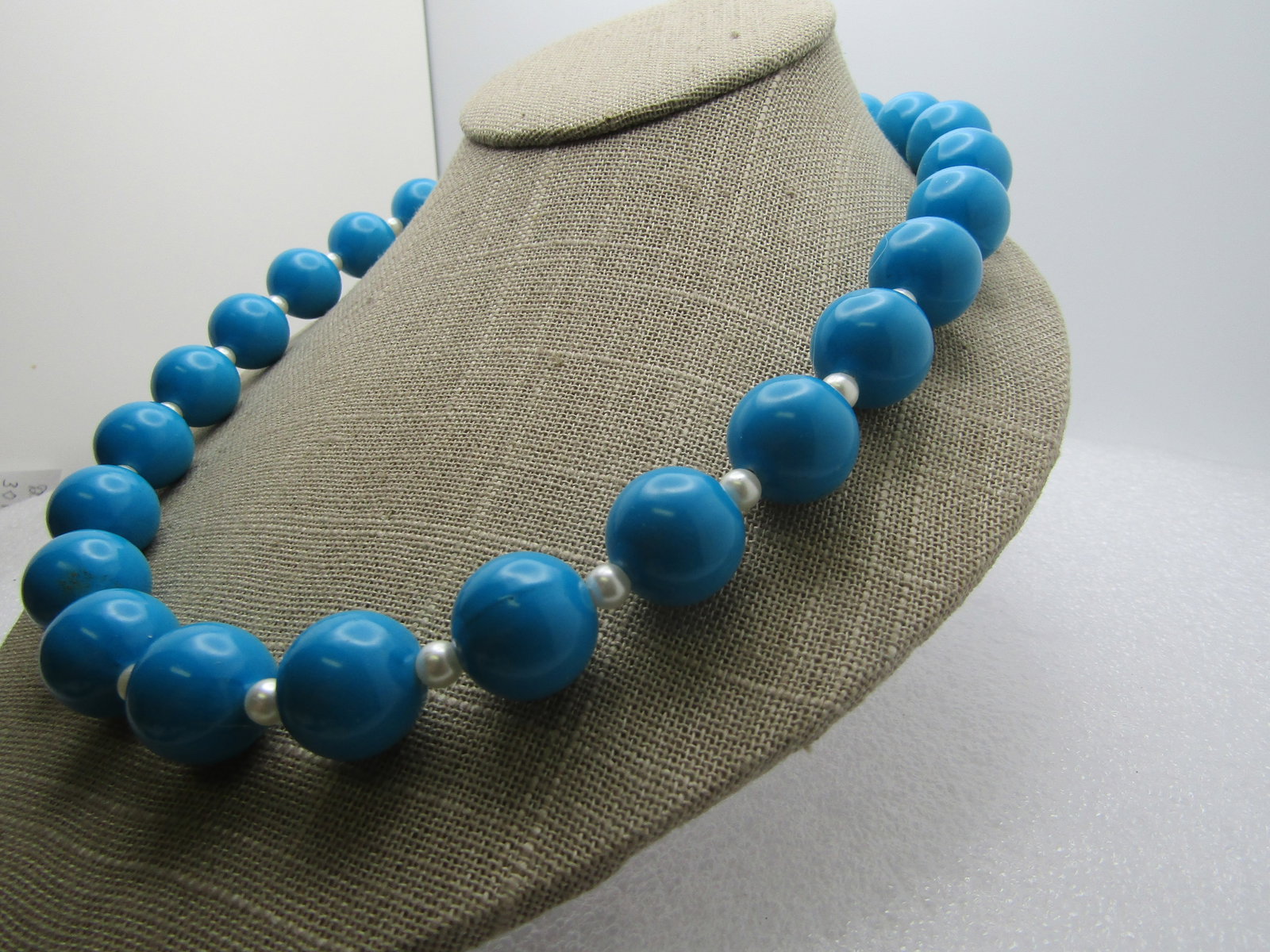 Vintage Teal Lucite Beaded Necklace, Faux Pearls, 22", 1960's-1970's - 2