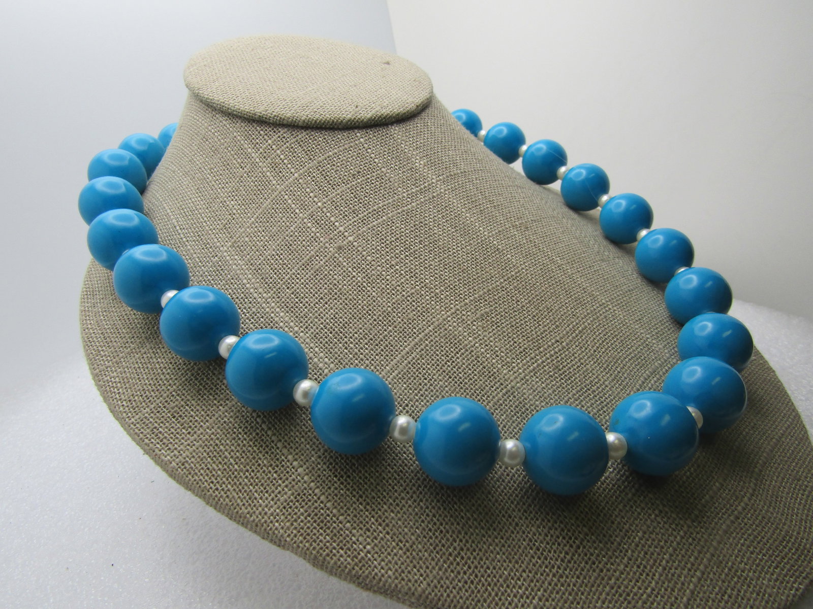 Vintage Teal Lucite Beaded Necklace, Faux Pearls, 22", 1960's-1970's - 3