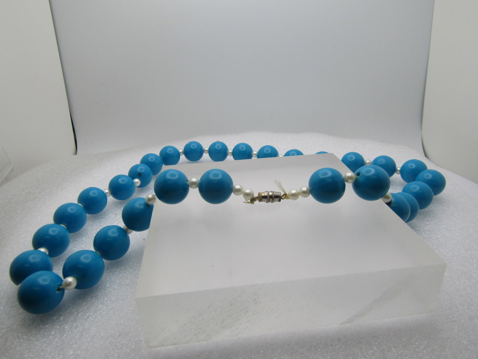 Vintage Teal Lucite Beaded Necklace, Faux Pearls, 22", 1960's-1970's - 4