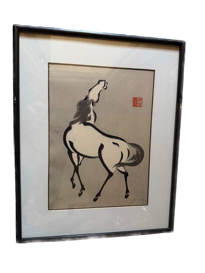 Framed, Signed Japanese Woodblock Print of a Horse by Yoshijiro Urushibara - 2