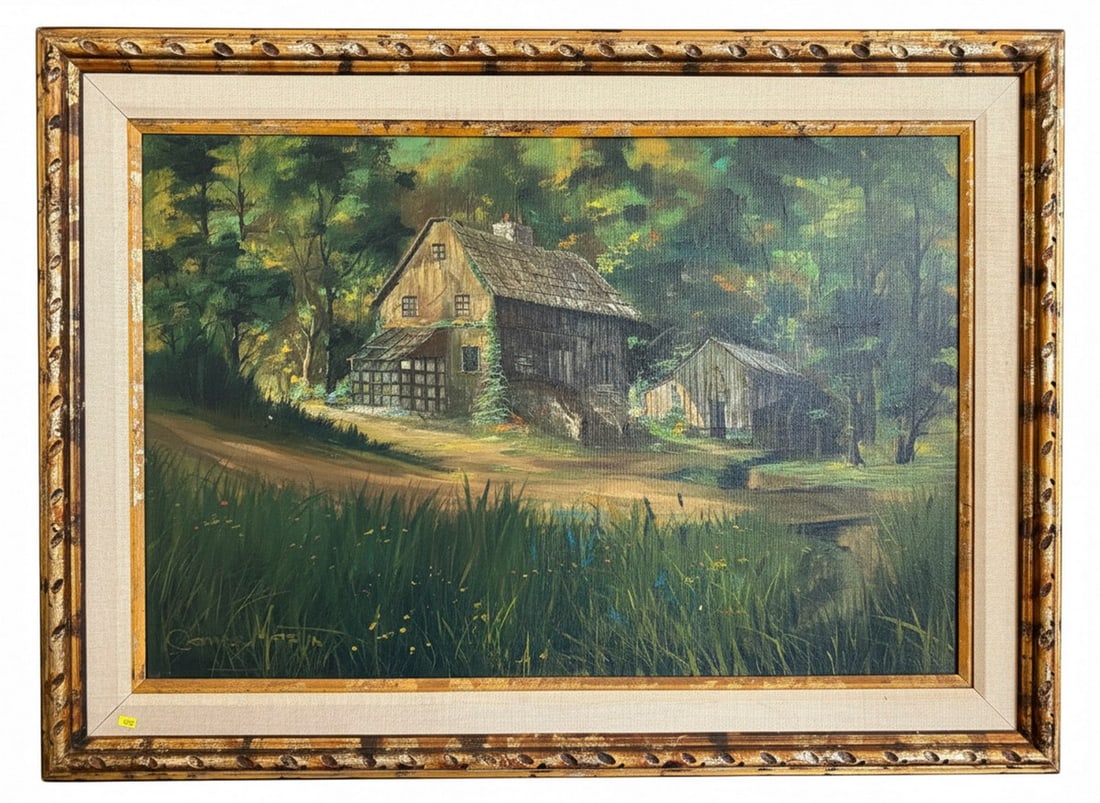 Large (44"x32") Signed Oil Painting on Canvas by James Mastin: This item is a signed oil painting on canvas by James Mastin, an American 20th-century artist associated with landscape, figural, and decorative studio painting. The composition depicts a rustic