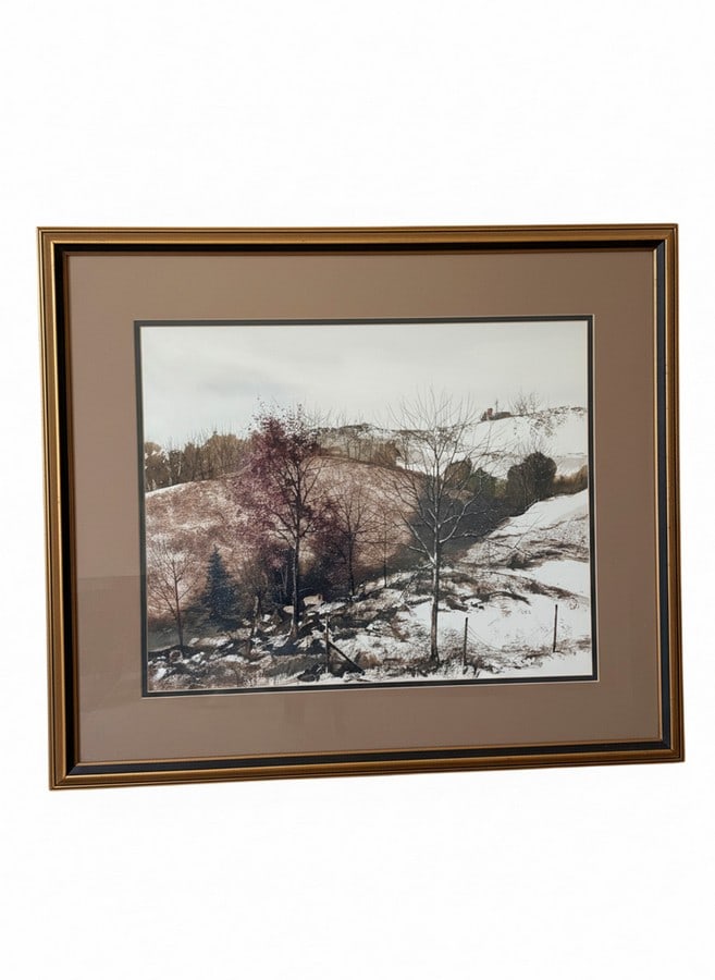 Large Embellished Lithograph by Dennis Frings: This item is an embellished lithograph by Dennis Frings, an American artist known for atmospheric winter landscapes, rural views, and mixed-media works that combine printmaking with painterly