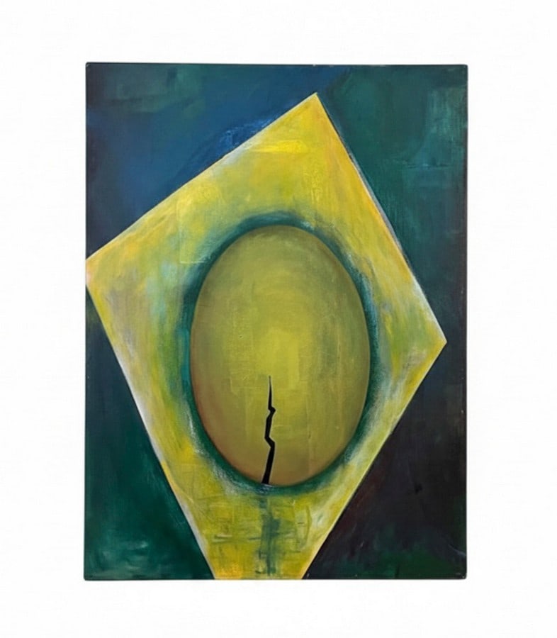 Original Abstract Painting on Canvas by Josh Podoll, 1994: This item is an original abstract painting on canvas by Josh Podoll, signed and dated 1994 on the stretcher. The work shows a geometric abstract composition with a tilted yellow square, green central