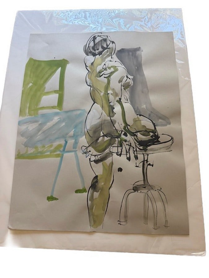 Original Mixed Media Work on Paper by Elizabeth Johnson, titled â€œAbbyâ€: This item is an original mixed media work on paper by Elizabeth Johnson, titled "Abby" purchased through the SFMOMA Artists Gallery in 2005. The composition depicts a contemporary figurative