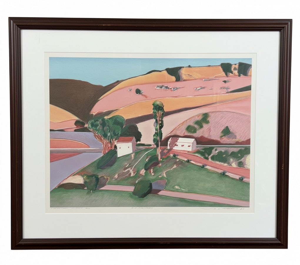 Large Joe Draegert (1945-2015) Signed Landscape Print-'Bridgehaven' 1977- Printer's Proof 2/6: This item is a a rare printer's proof 2/6, hand-signed and dated Joe Draegert 1977. A California regionalist/modern landscape style, this multi-color lithograph screen print is an exceptional piece