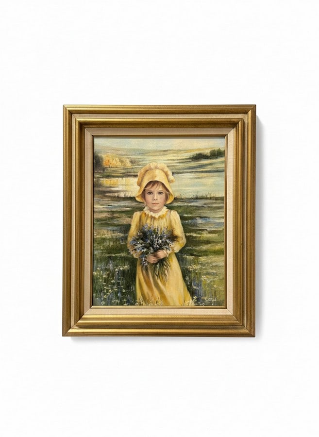 Vintage C. Mitchell Original Oil Painting- Girl with Wildflowers, Swanson Art Galleries Original ...: Beautiful, authentic mid-century original oil on canvas portrait by the 20th-century artist C. Mitchell. This charming painting features a signature theme of Mitchell's work: a pensive young girl in a
