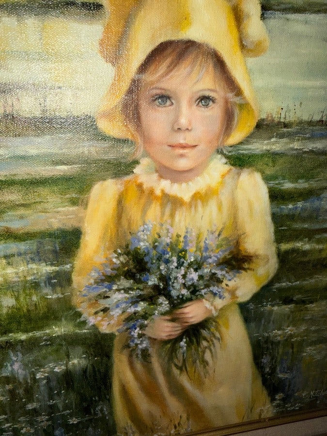 Vintage C. Mitchell Original Oil Painting- Girl with Wildflowers, Swanson Art Galleries Original ... - 2