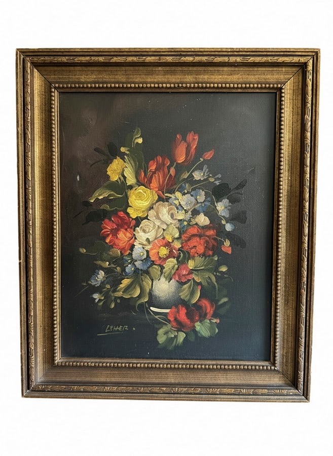 Vintage Mid-Century Floral Oil Painting by Lehner- 21x25 Ornate Bronze Frame: This item is a gorgeous 1970's vintage commercial oil painting featuring a vibrant floral still life against a dark, moody background, heavily inspired by the Dutch Master paintings. Back of the