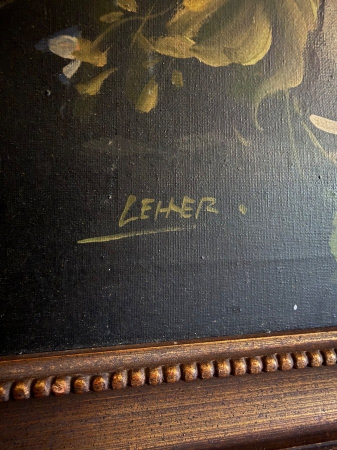 Vintage Mid-Century Floral Oil Painting by Lehner- 21x25 Ornate Bronze Frame - 3