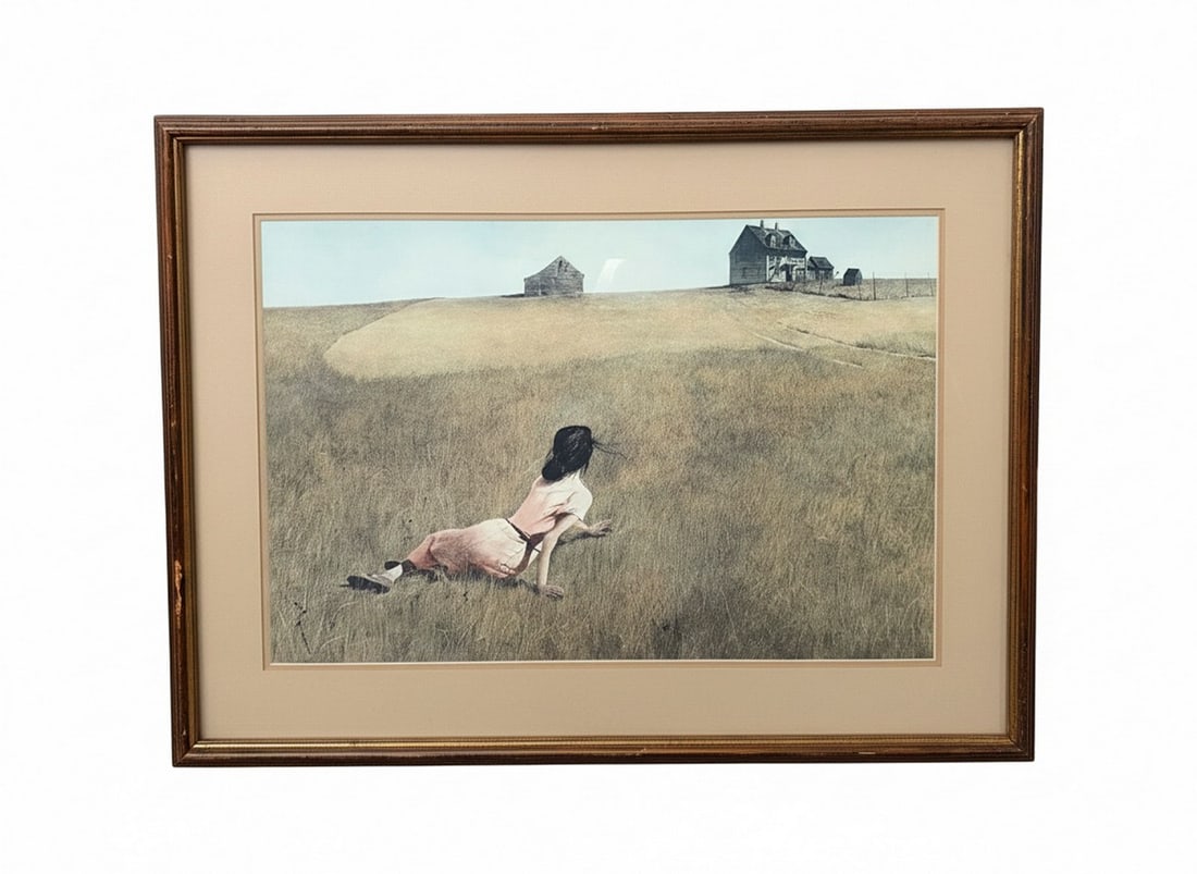 Large Vintage Framed Andrew Wyeth "Christina's World" Art Print: Beautiful, large-format vintage print of Andrew Wyeth™s iconic 1948 masterpiece, Christina's World. This piece features premium, museum-style custom framing completed by the established Acacia