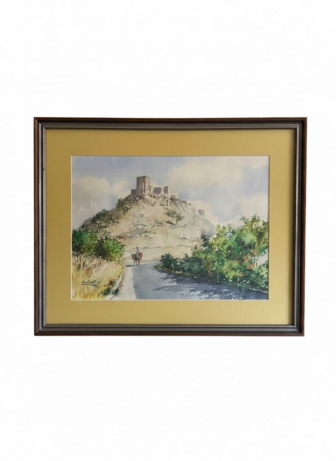1972 Mid-Century Portuguese Landscape Watercolor "O Caminho do Castelo" by Hipolito de Andrade - ...: Creator: Hipolito de Andrade (Artist, 1933-2015) Creation Year: 1972 Medium: Watercolor and Ink on Paper Style: Mid-Century Modern / Impressionist / Regionalist Subject: Landscape, Architecture,