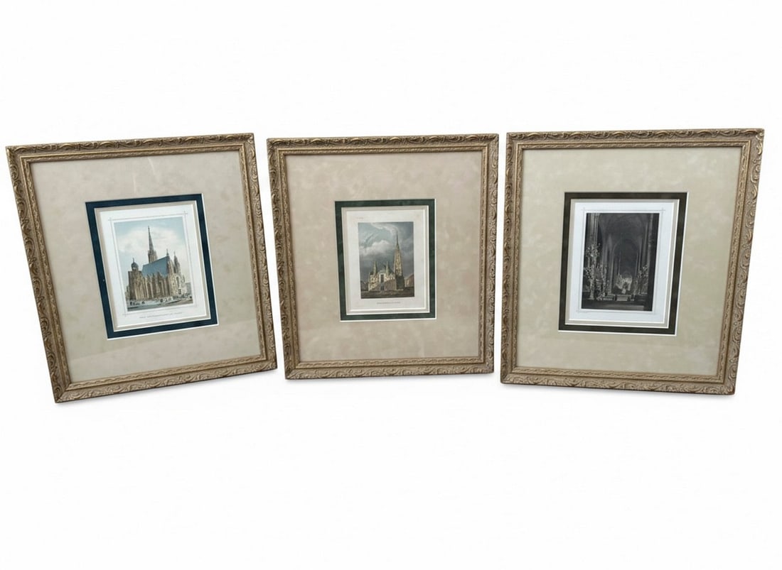 Circa 1875 St. Stephen's Cathedral Vienna Steel Engravings- Framed Triptych Set of 3: Styles: Traditional, Grand Tour, Gothic Revival, Fine Art Period: Late 19th Century (Circa 1875) Place of Origin: Vienna, Austria Materials: Paper, Steel Engraving, Ink, Gilt Wood Frame Measurements: