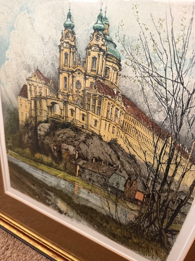 Mid-20th Century Robert Kasimir Signed Color Etching "Stift Melk" â€“ Framed 23" x  - 2