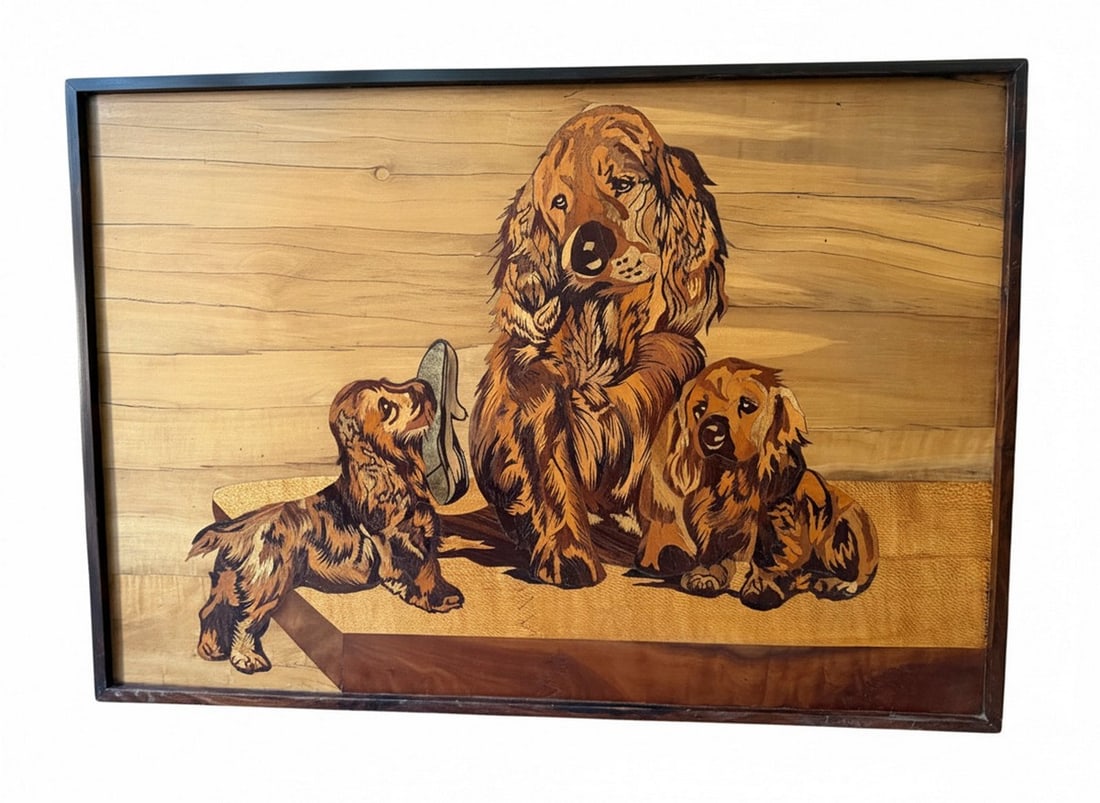 Mid Century Modern Large Intarsia Wood Mosaic Art Panel, Cocker Spaniel Dogs (1 of 7)