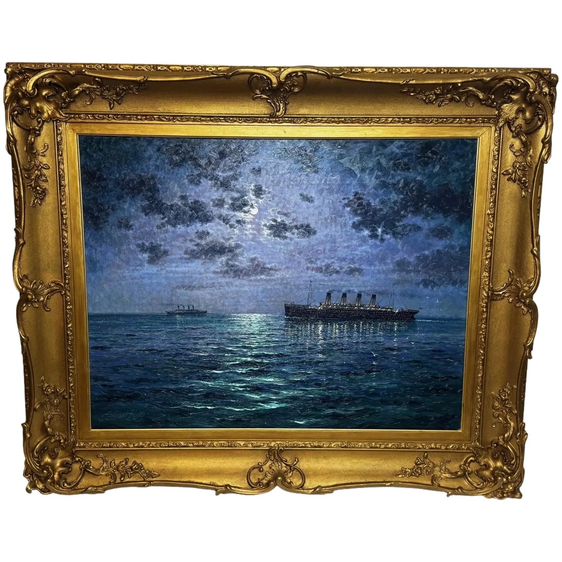 Ships That Pass In the Night RMS Titanic Under Nocturnal Moon with RMS Olympic: Ships That Pass In the Night RMS Titanic Under Nocturnal Moon with RMS Olympic Click images to enlarge Description Andrew Grant Kurtis (British, 20th/21st Century) Ships That Pas