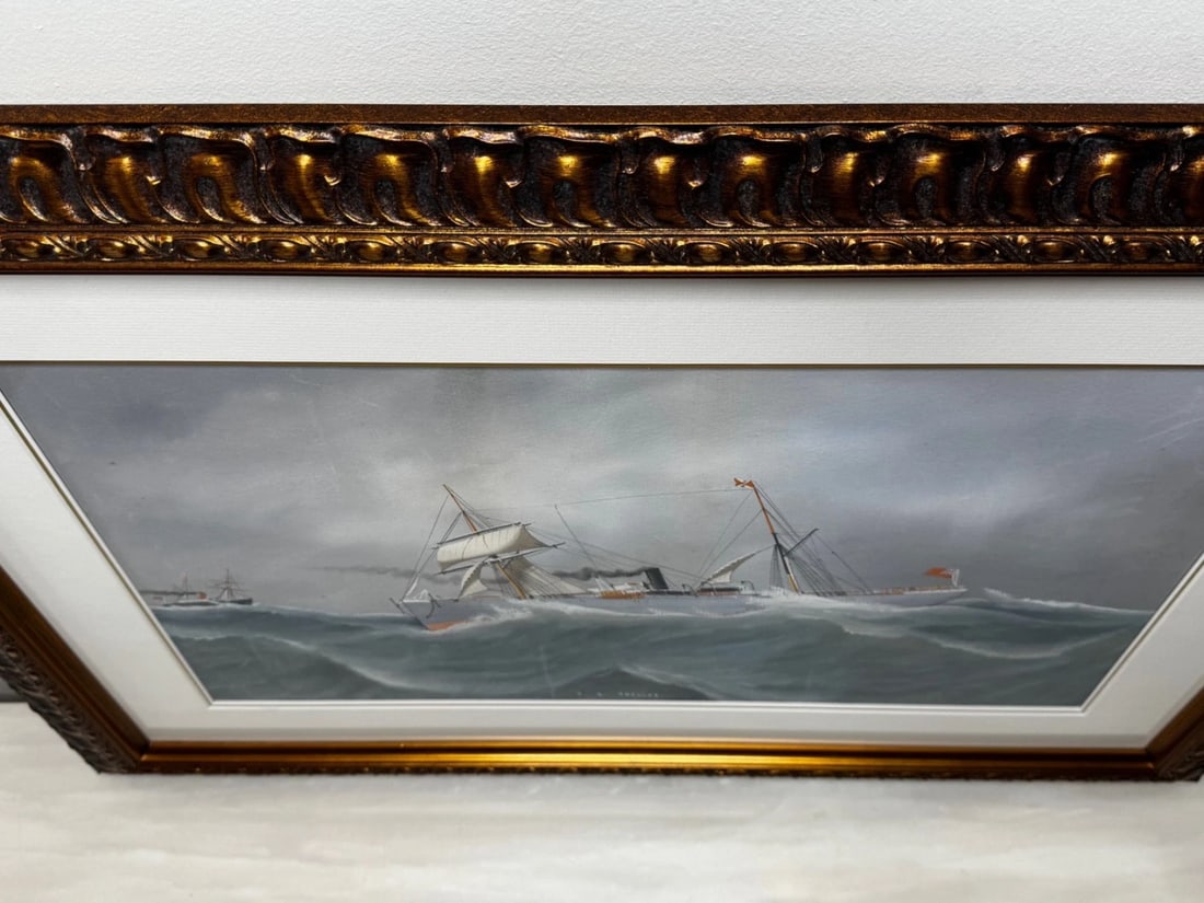 Neapolitan Pierhead Marine Painting S.S. Shelley Steamship in Heavy Seas c1910 - 10