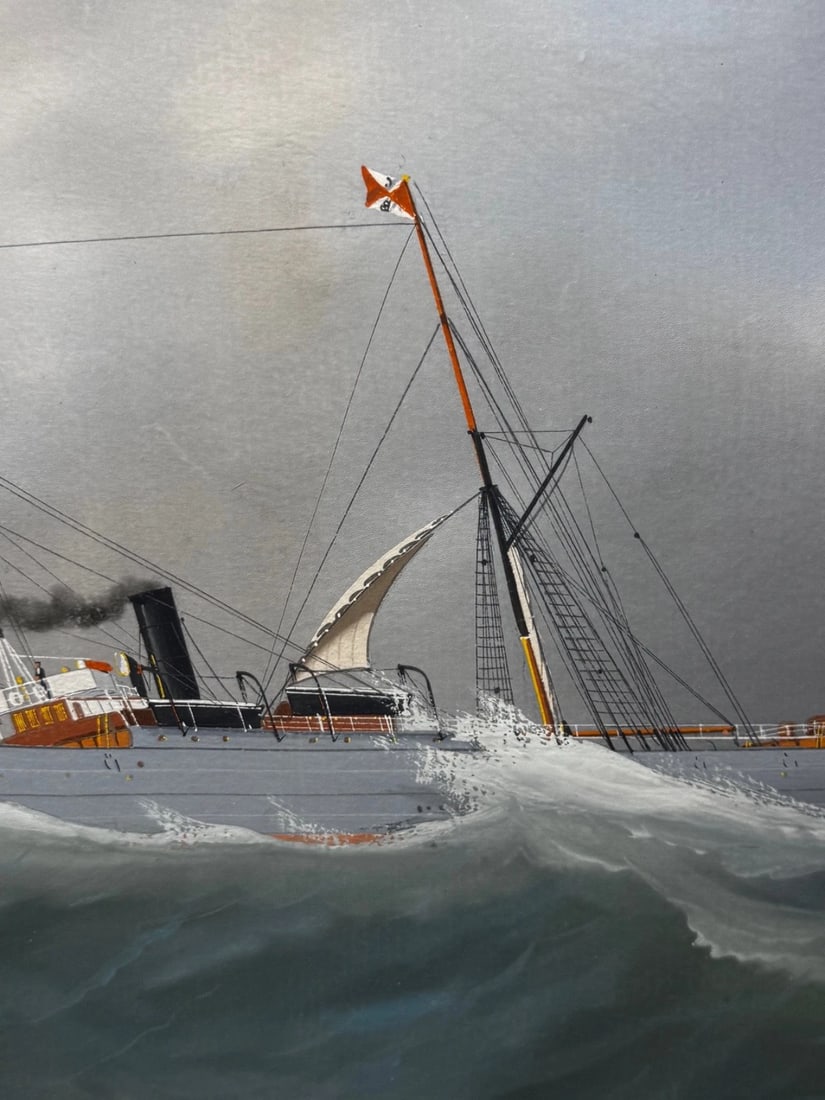 Neapolitan Pierhead Marine Painting S.S. Shelley Steamship in Heavy Seas c1910 - 14