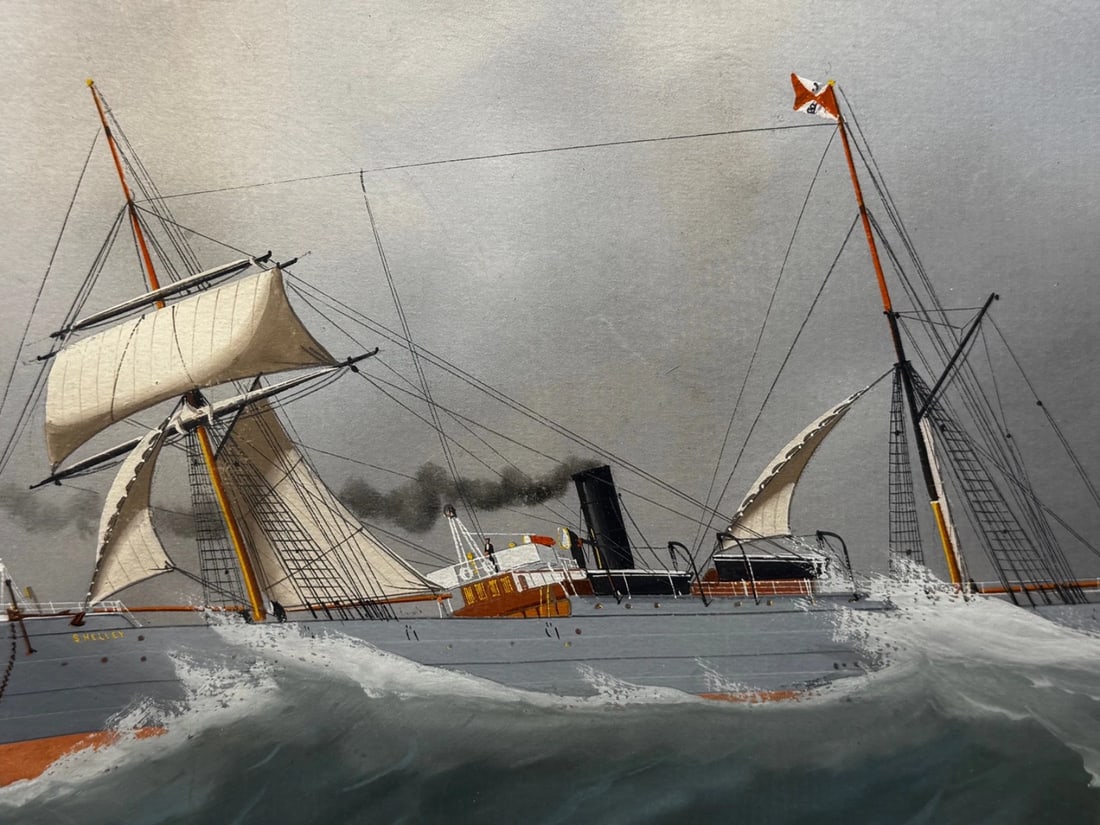 Neapolitan Pierhead Marine Painting S.S. Shelley Steamship in Heavy Seas c1910 - 15