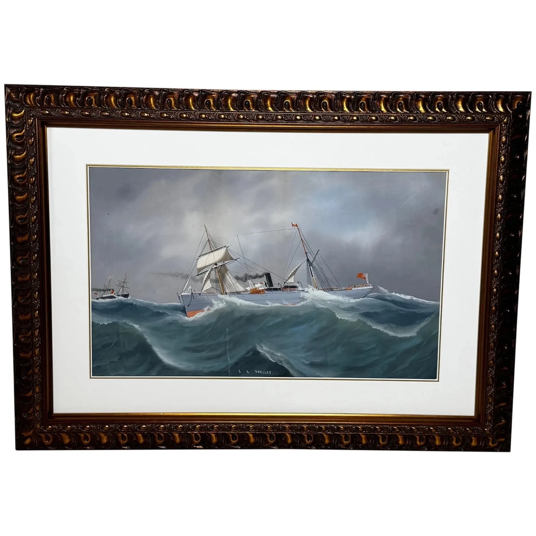 Neapolitan Pierhead Marine Painting S.S. Shelley Steamship in Heavy Seas c1910 (1 of 20)