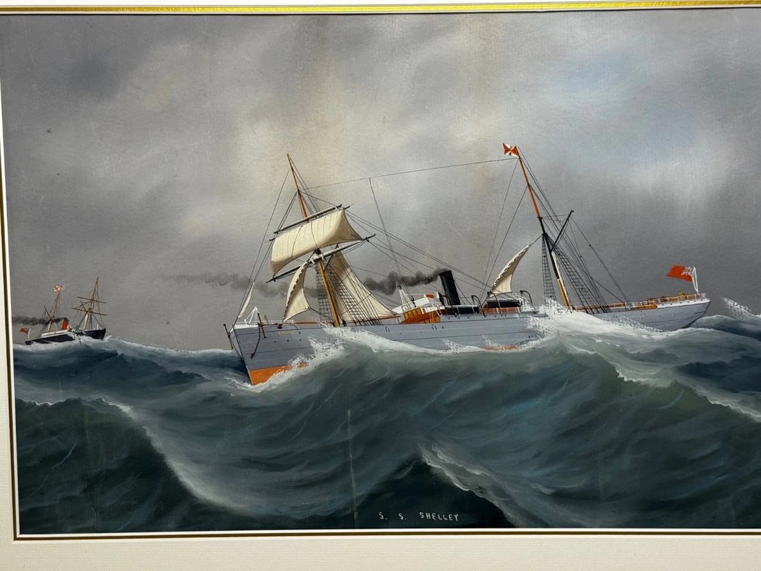 Neapolitan Pierhead Marine Painting S.S. Shelley Steamship in Heavy Seas c1910 - 2