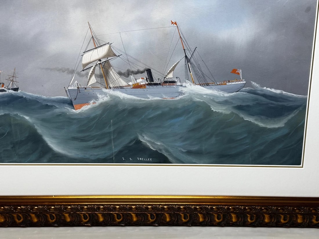Neapolitan Pierhead Marine Painting S.S. Shelley Steamship in Heavy Seas c1910 - 3