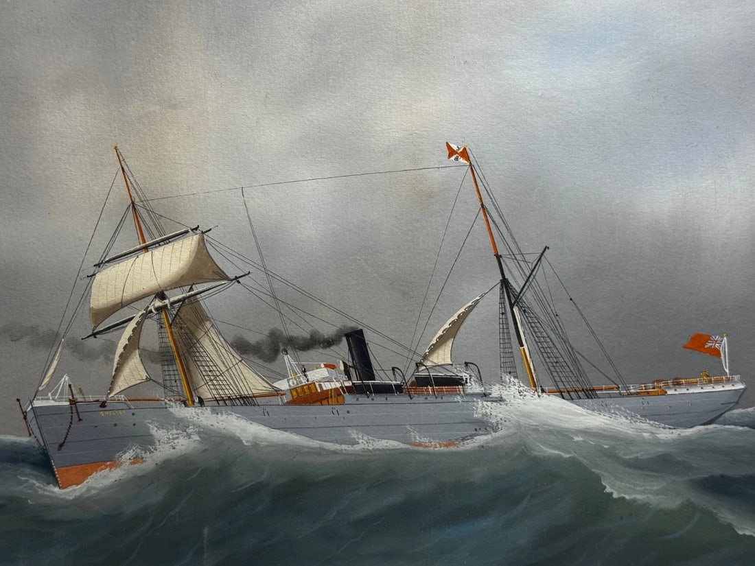 Neapolitan Pierhead Marine Painting S.S. Shelley Steamship in Heavy Seas c1910 - 5