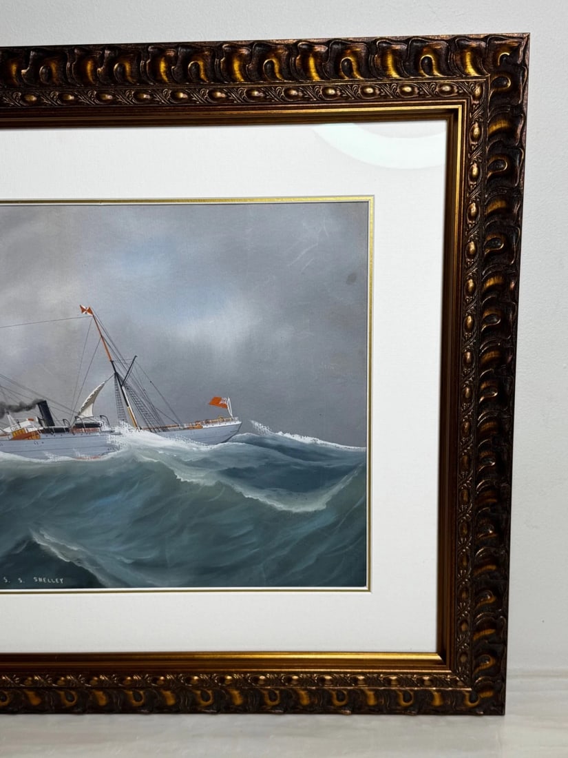 Neapolitan Pierhead Marine Painting S.S. Shelley Steamship in Heavy Seas c1910 - 8