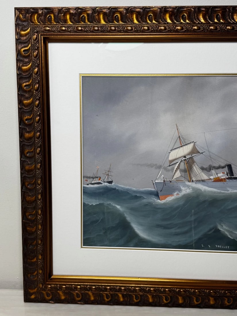 Neapolitan Pierhead Marine Painting S.S. Shelley Steamship in Heavy Seas c1910 - 9