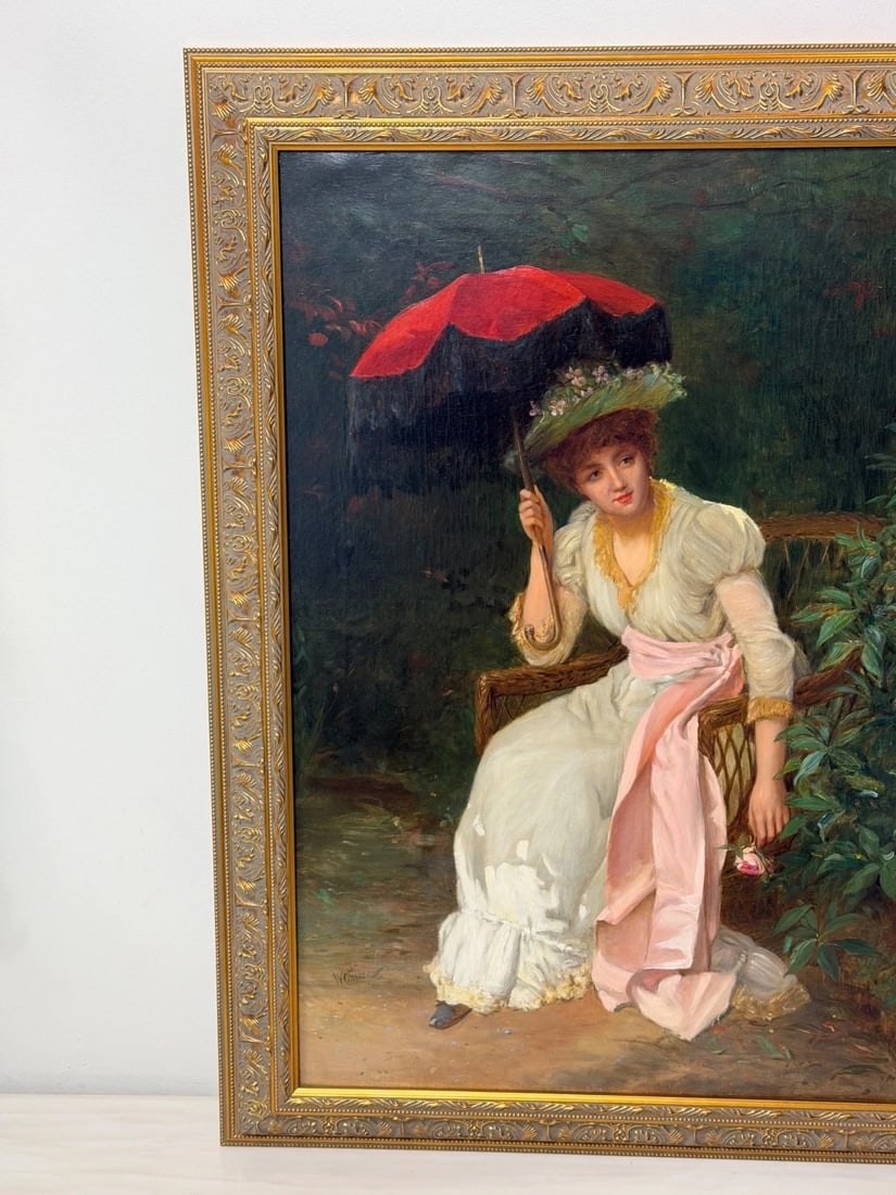 19th Century Portrait Oil Painting Lady Red Parasol Signed by William Oliver - 10