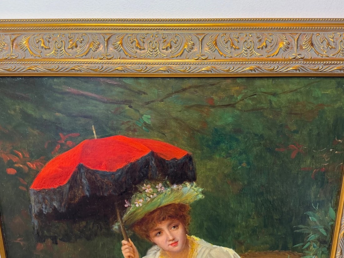 19th Century Portrait Oil Painting Lady Red Parasol Signed by William Oliver - 11