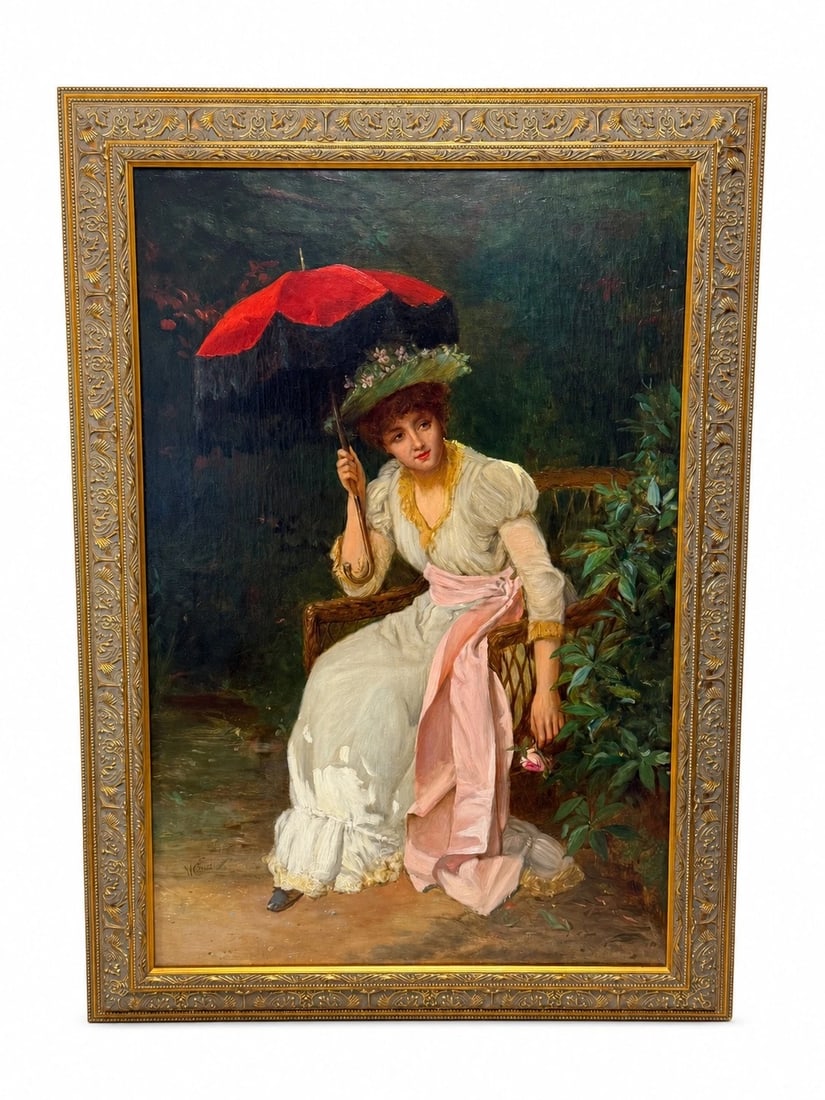 19th Century Portrait Oil Painting Lady Red Parasol Signed by William Oliver (1 of 20)