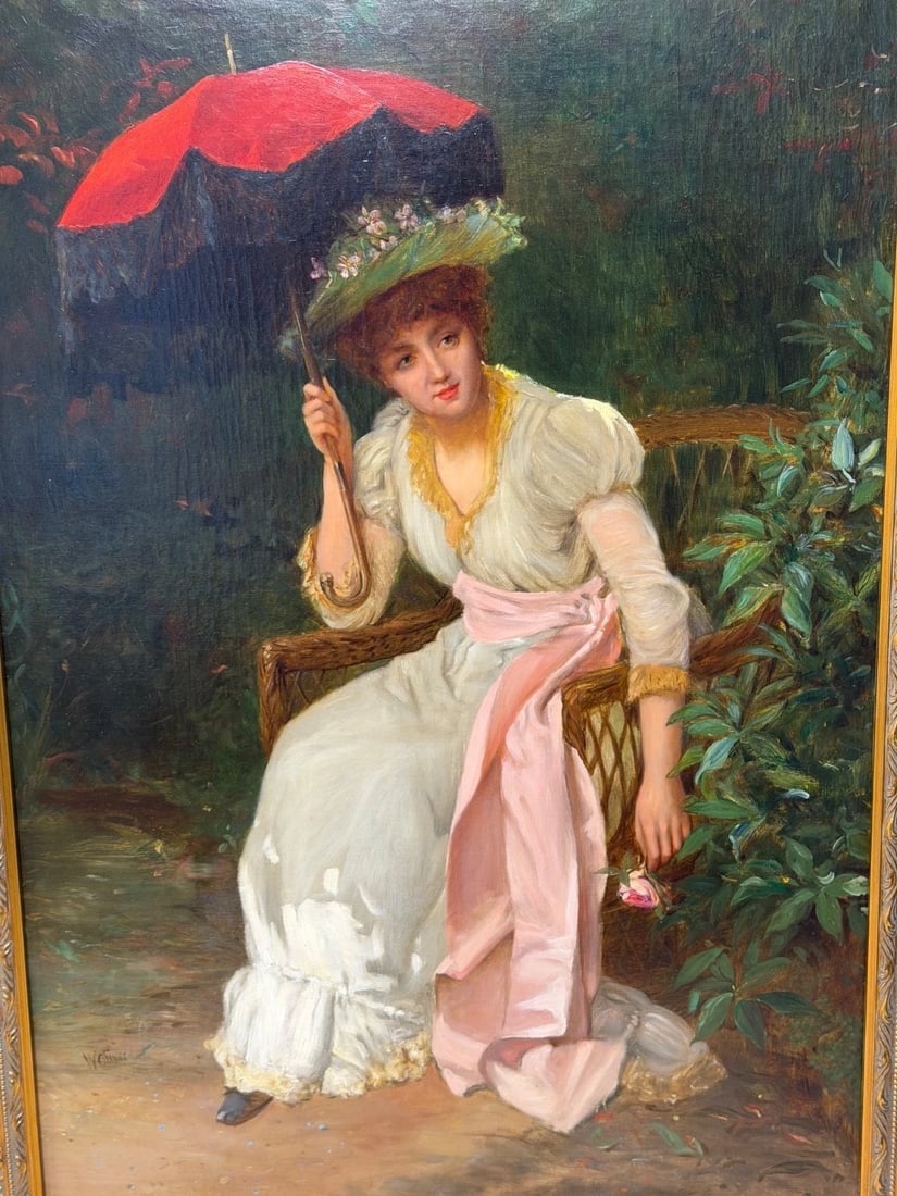 19th Century Portrait Oil Painting Lady Red Parasol Signed by William Oliver - 2