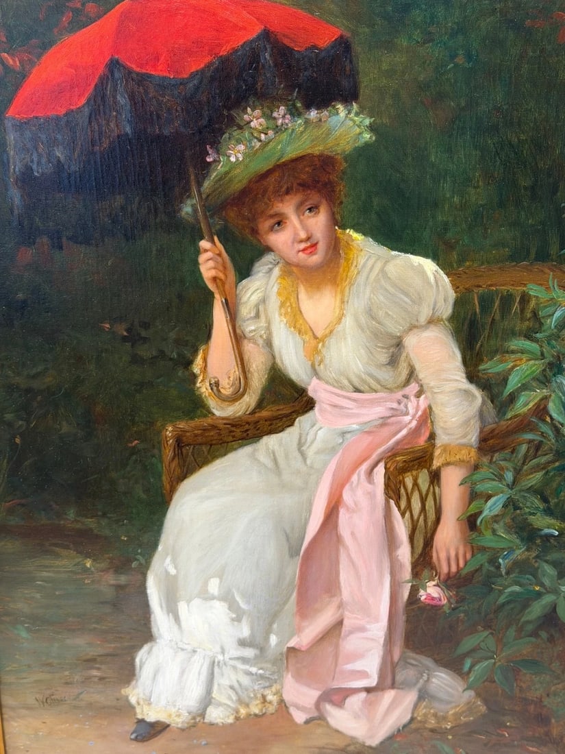 19th Century Portrait Oil Painting Lady Red Parasol Signed by William Oliver - 3