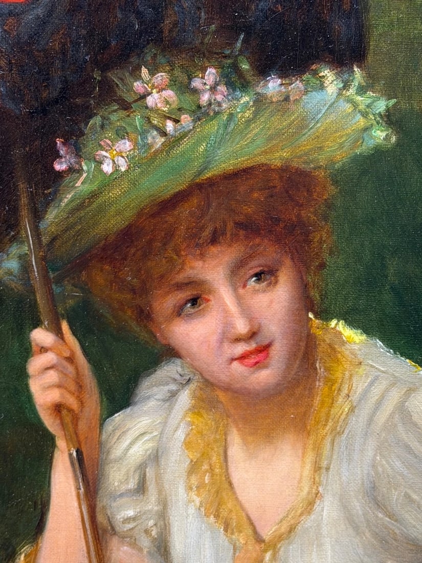 19th Century Portrait Oil Painting Lady Red Parasol Signed by William Oliver - 4