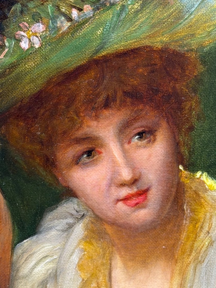19th Century Portrait Oil Painting Lady Red Parasol Signed by William Oliver - 5