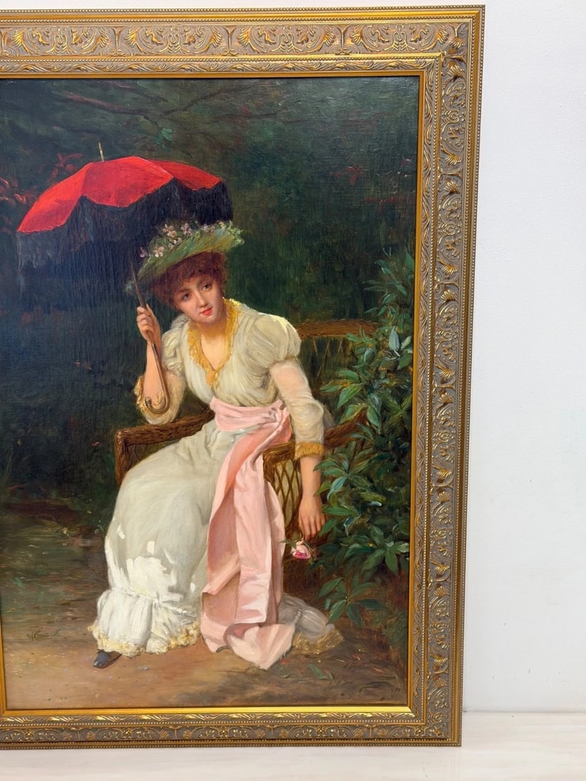 19th Century Portrait Oil Painting Lady Red Parasol Signed by William Oliver - 9