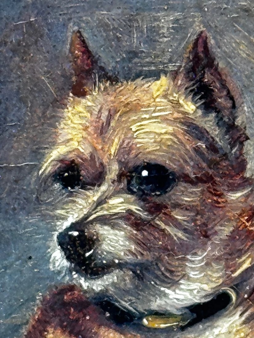 Victorian Masterpiece in Oil Strawberry Roan Hunter Horse in Stable with Terrier - 10