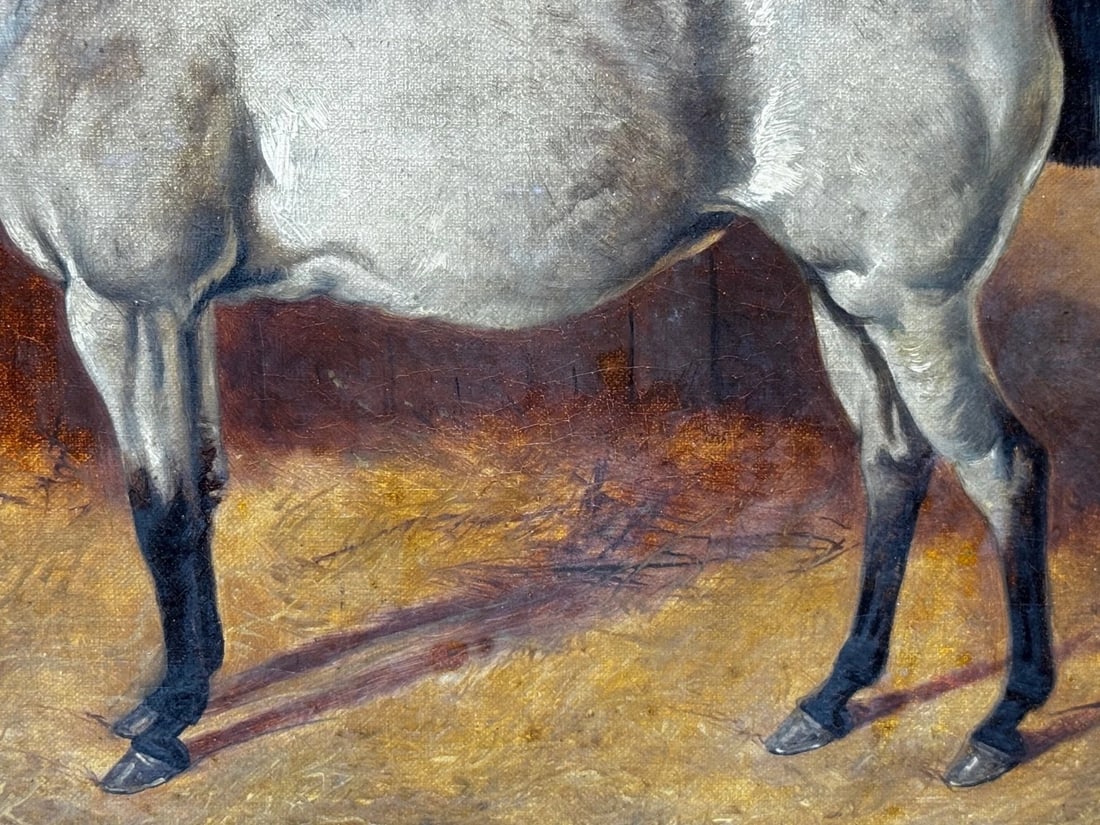 Victorian Masterpiece in Oil Strawberry Roan Hunter Horse in Stable with Terrier - 11