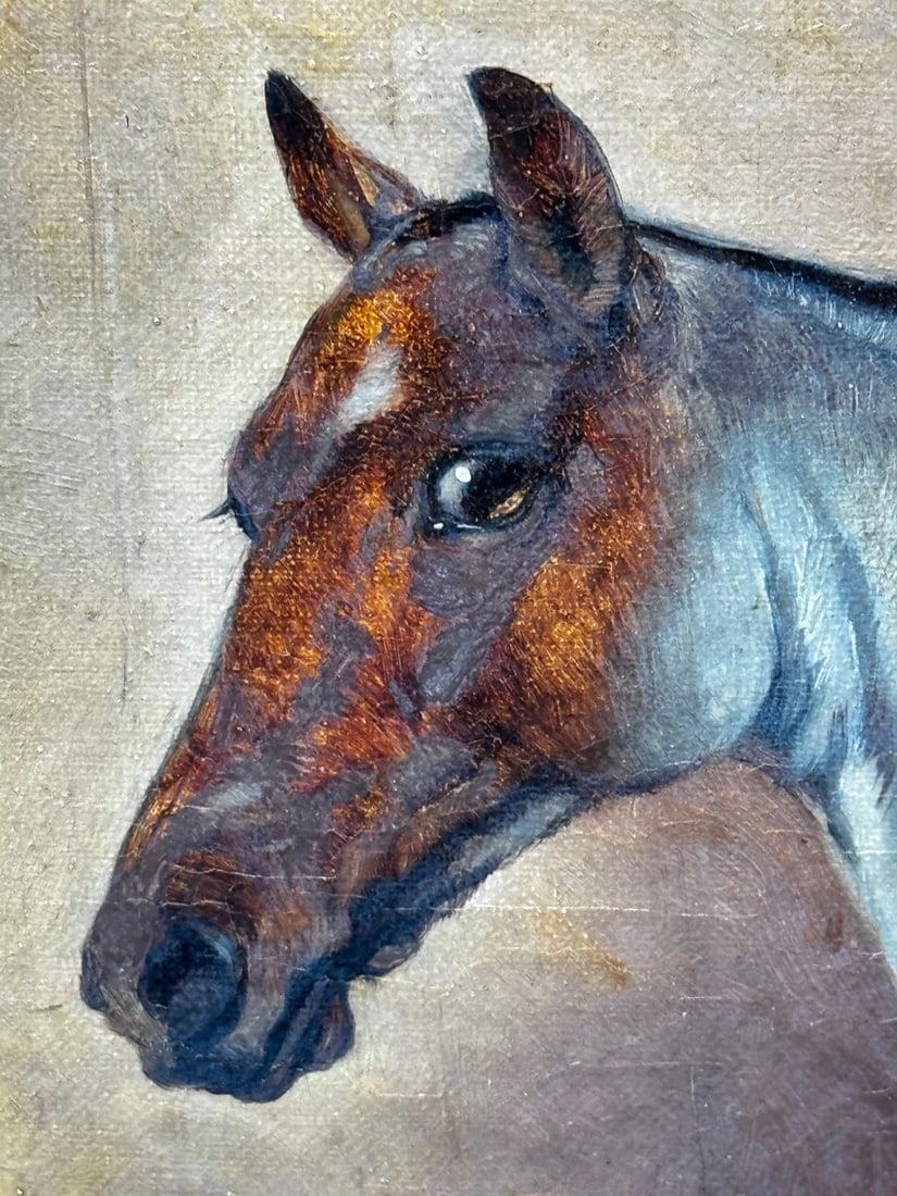 Victorian Masterpiece in Oil Strawberry Roan Hunter Horse in Stable with Terrier - 12