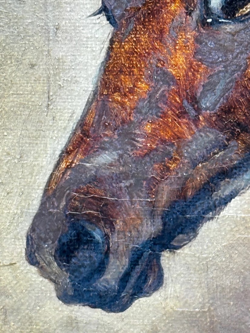 Victorian Masterpiece in Oil Strawberry Roan Hunter Horse in Stable with Terrier - 13