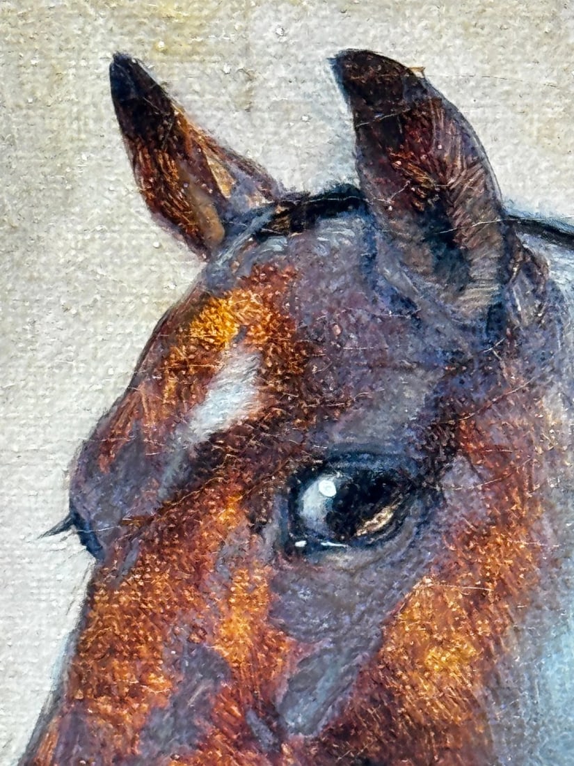 Victorian Masterpiece in Oil Strawberry Roan Hunter Horse in Stable with Terrier - 14