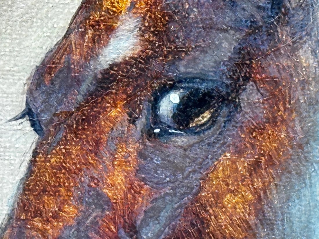 Victorian Masterpiece in Oil Strawberry Roan Hunter Horse in Stable with Terrier - 15