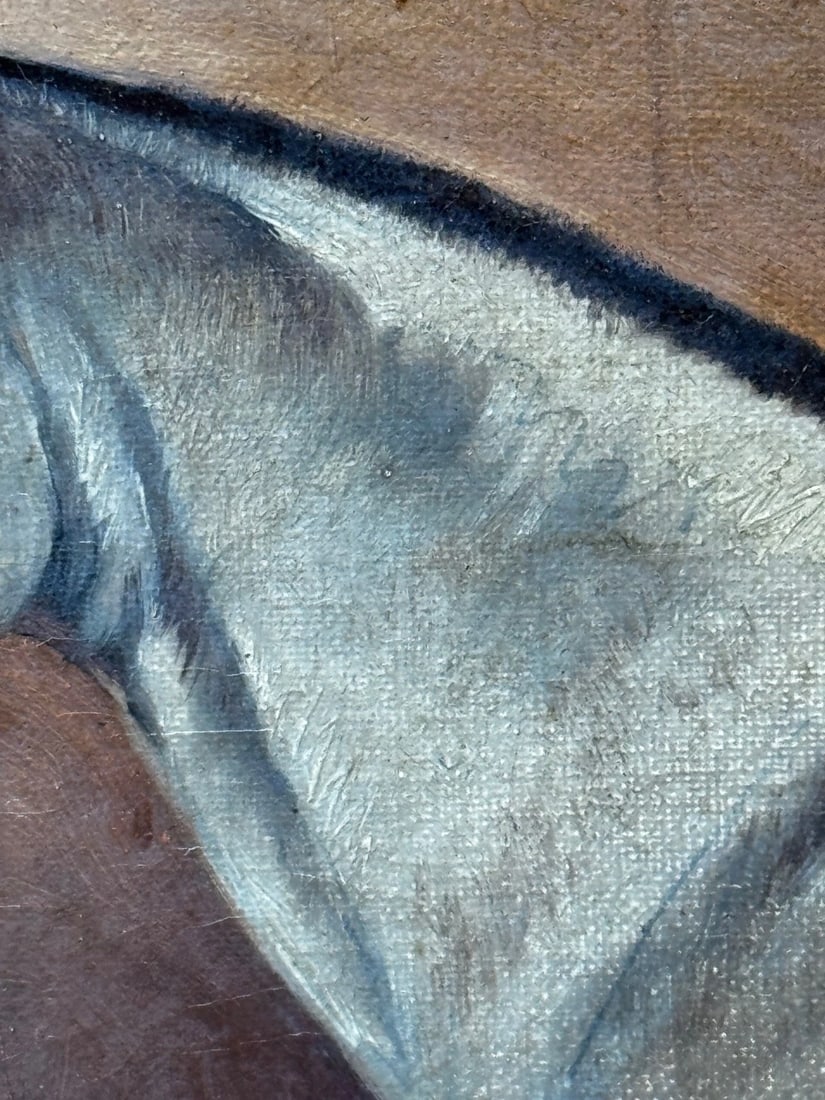 Victorian Masterpiece in Oil Strawberry Roan Hunter Horse in Stable with Terrier - 16